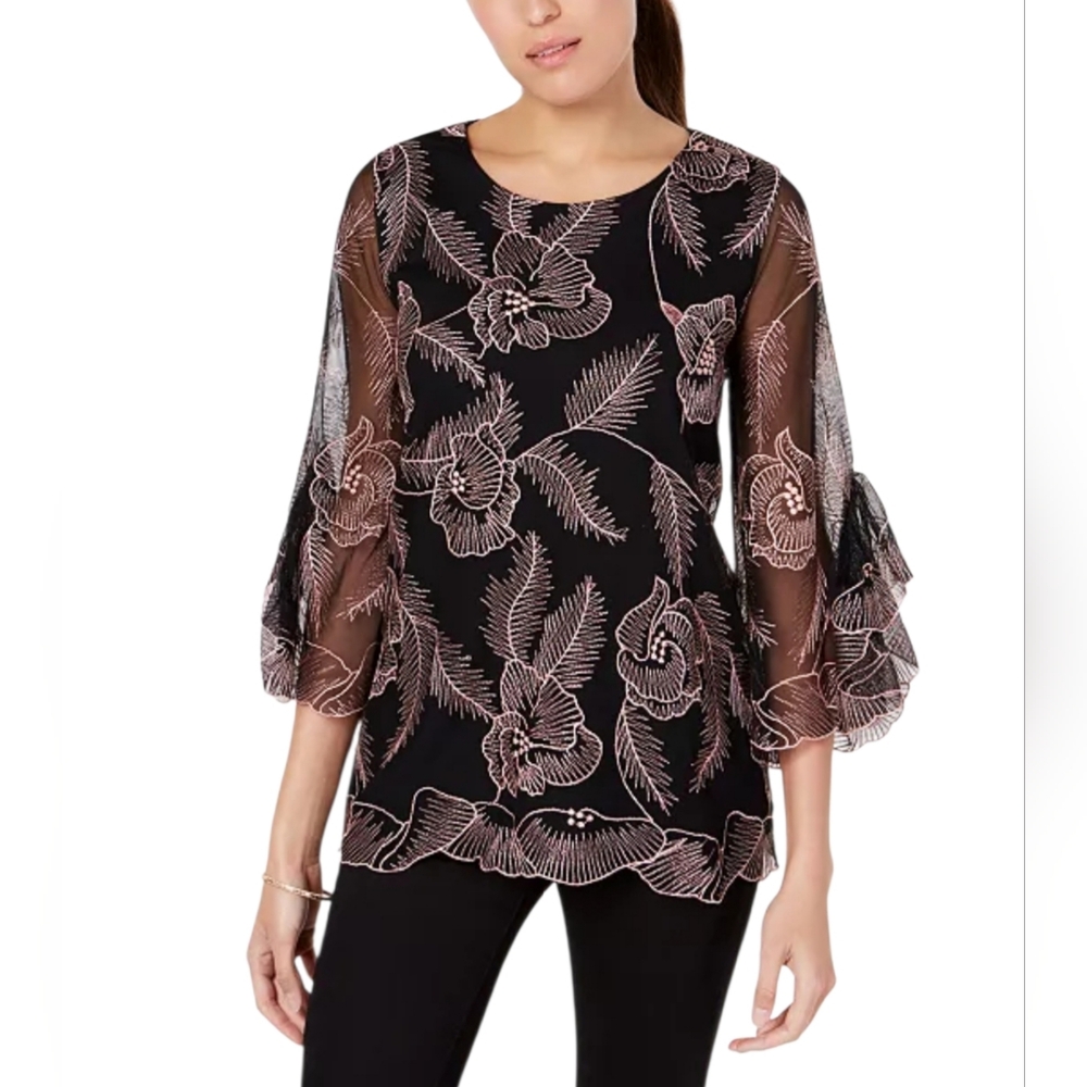Alfani Floral Embroidered Flounce Sleeve Cottagecore Top Sz M